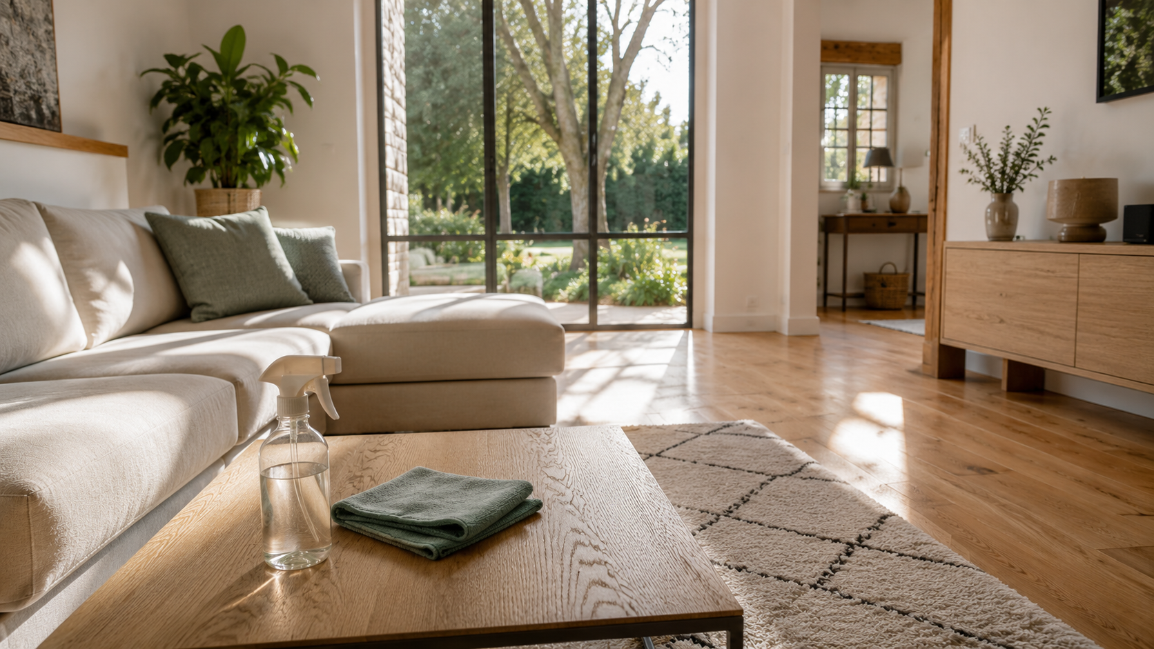 Intérieur de maison impeccablement propre — salon lumineux après nettoyage Corbet